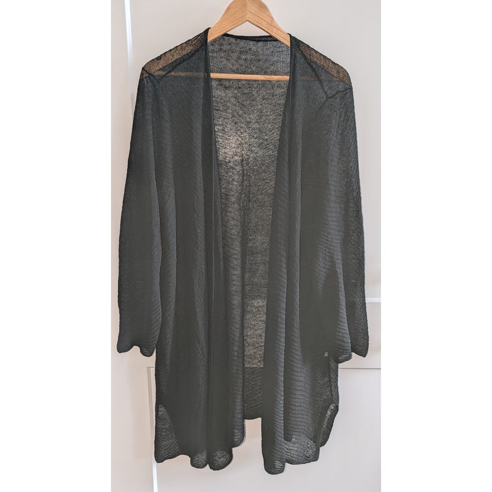 Eileen Fisher Hemp Blend Open Front Cardigan XL Black Long F17HMP No Size Tag - Picture 2 of 5